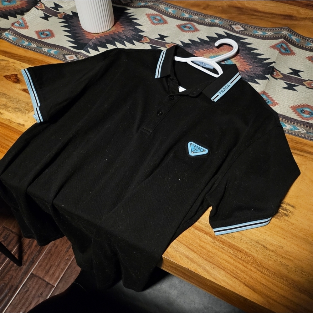 Black Polo Shirt with Blue Accents Prada